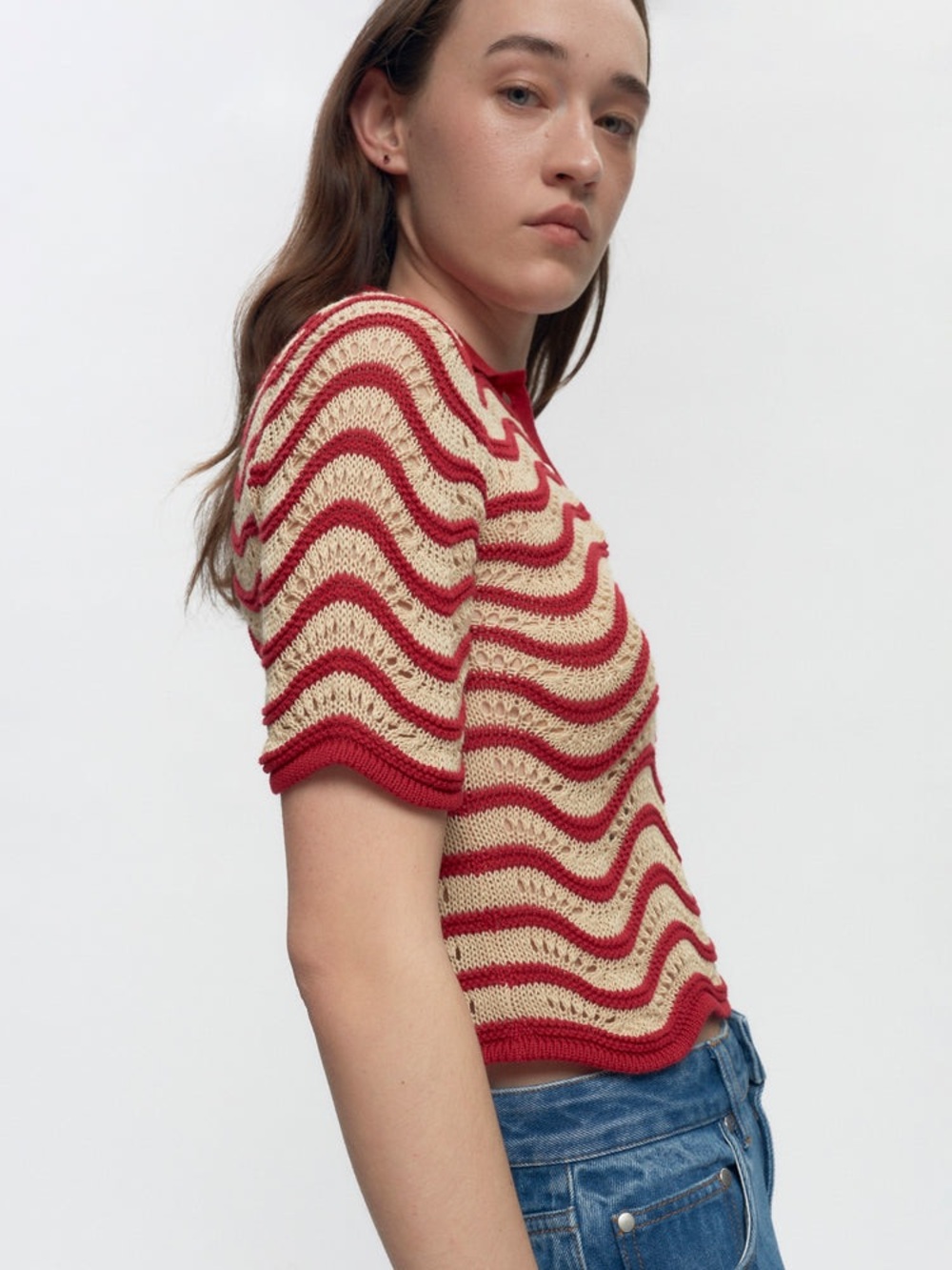 KOTN Sabah Red & Cream Open-Knit Wave Stripe Top